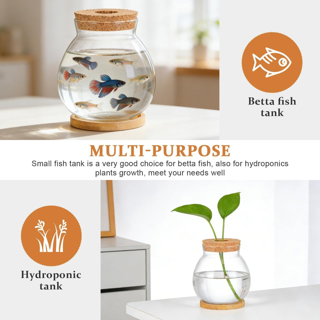 POPETPOP Desktop Glass Fish Bowl - Round Small Fish Tank
