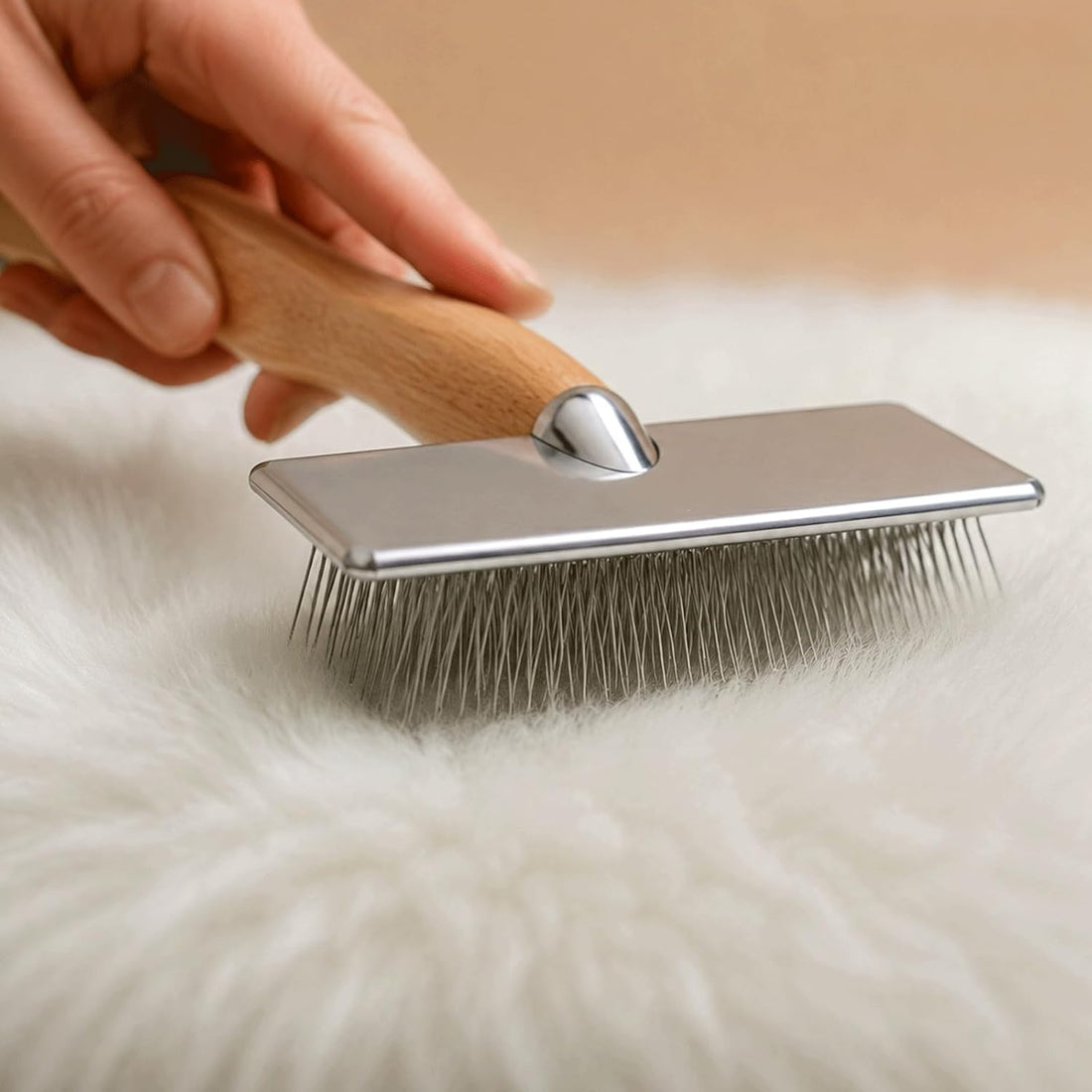 Sheepskin Brush Rug & Wool Carpet Cleaner Natural Bamboo Handle