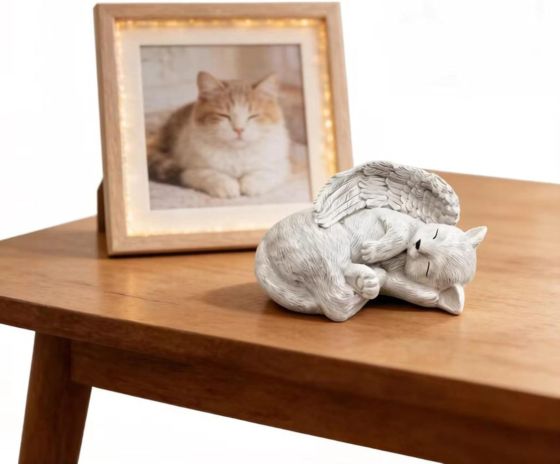 Sleeping Angel Cat Memorial Statue, Resin Figurine with Wings