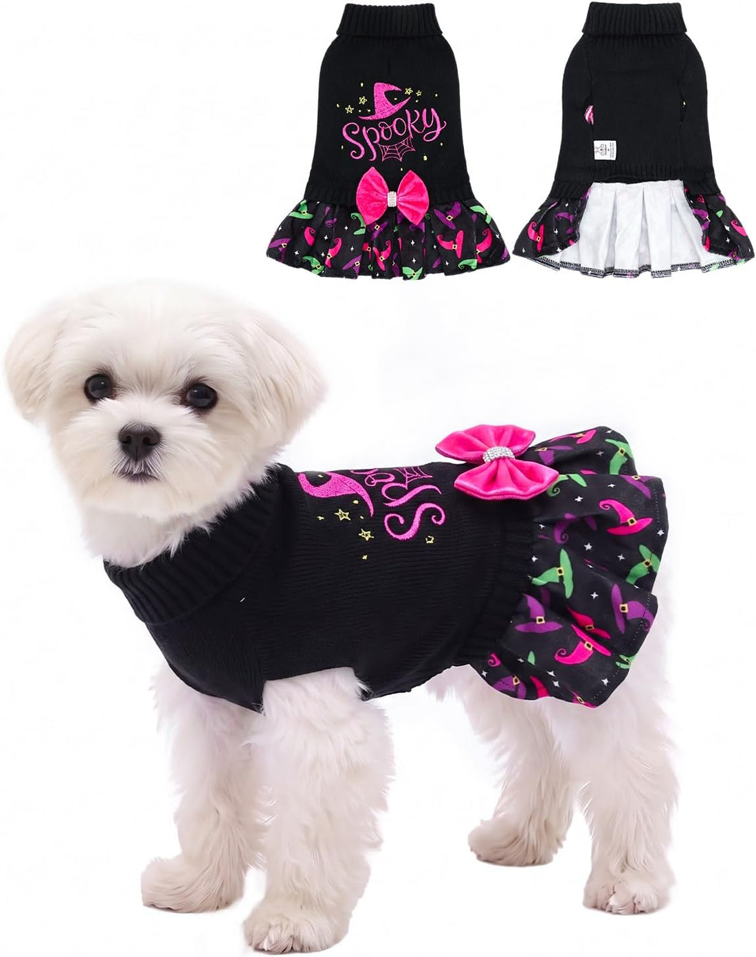 CuteBone Halloween Dog Sweater Dress with Bow for Small Medium Dogs