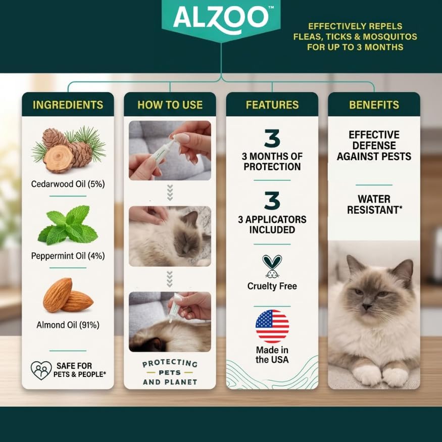 ALZOO Plant Based Flea & Tick Squeeze-On for Cats, Helps Repel Fleas
