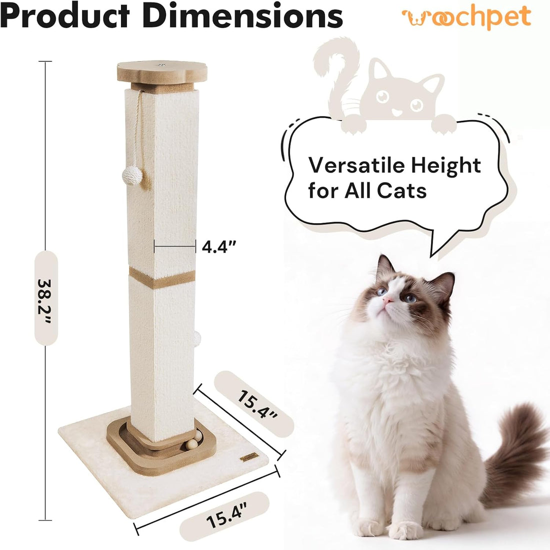 38" Tall Cat Scratching Post with Interactive Cat Toy for Large Cat