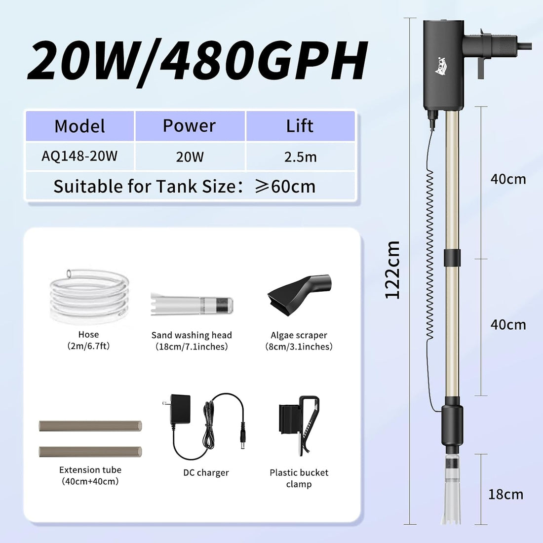 AQQA Aquarium Vacuum Gravel Cleaner, 20W, 480GPH