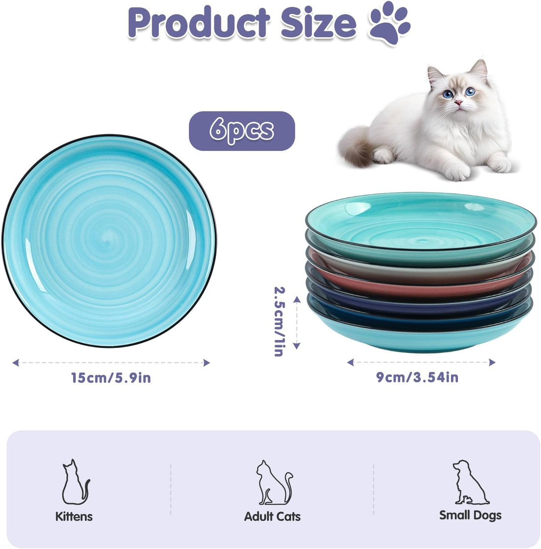 Ceramic Cat Bowls, 5.9 Inch Cat Food Bowl Whisker Friendly