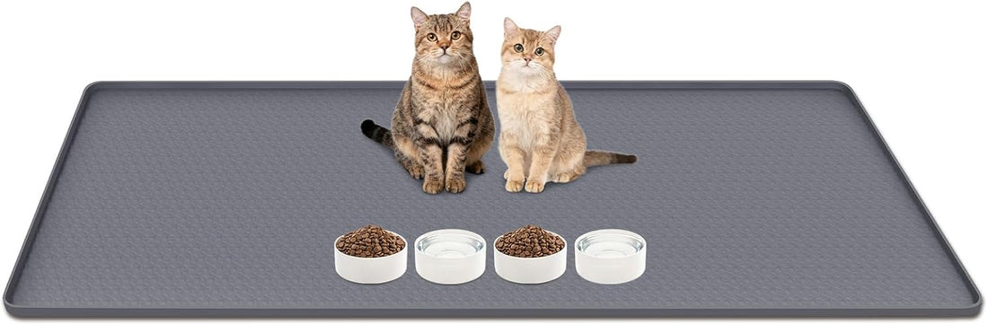 Cat Food Mat 51" x 26" Large Silicone Mat with Raised Edge Gray