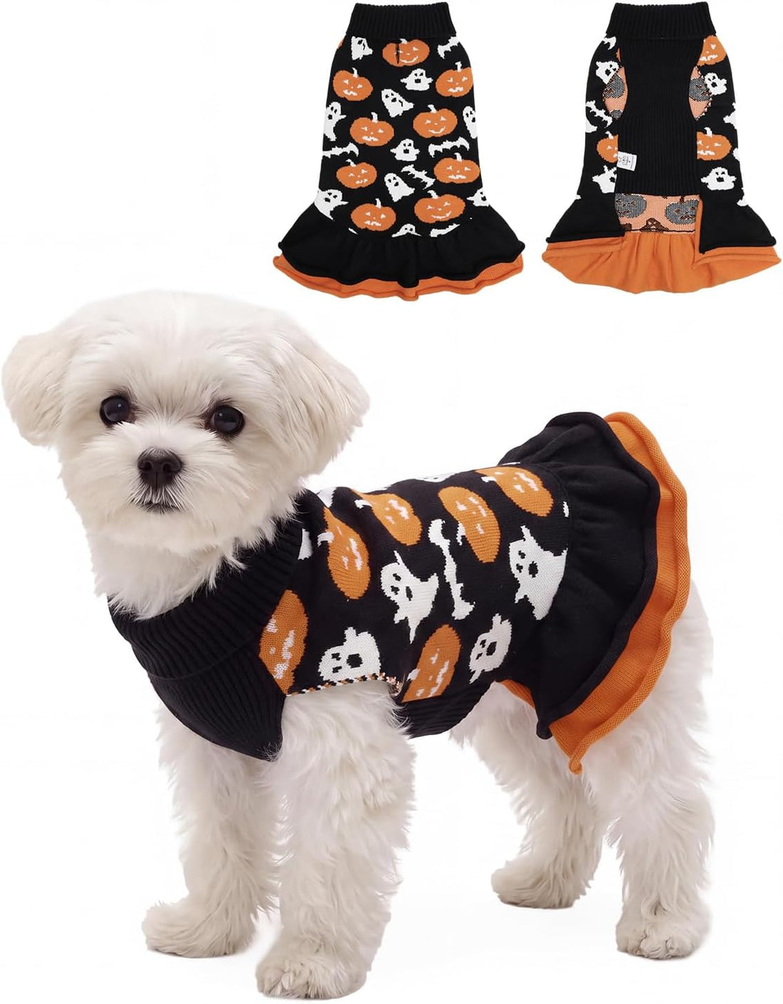 CuteBone Halloween Ruffle Dog Sweater Dress for Medium Dogs