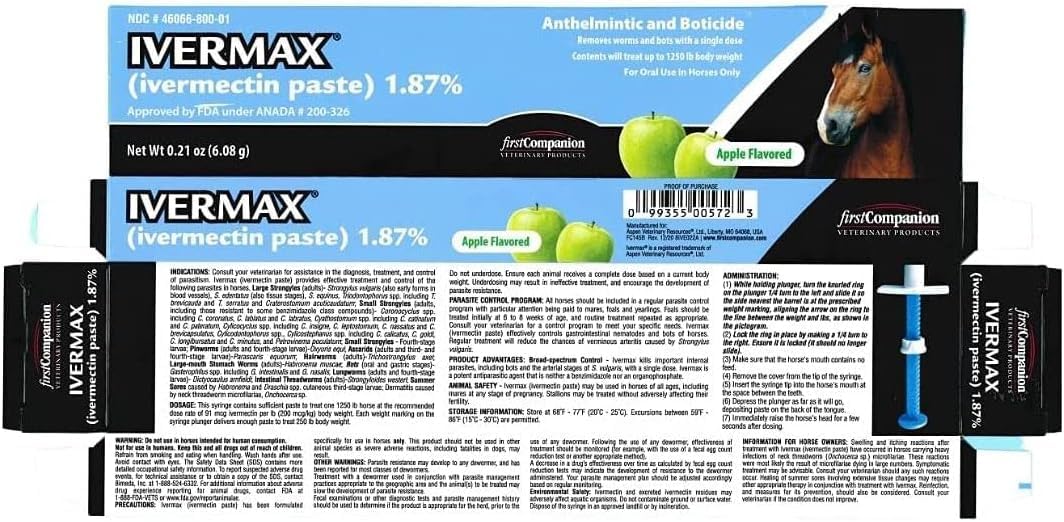 First Companion Ivermax Equine Paste 6.08 Gram 1 Pack, Blue