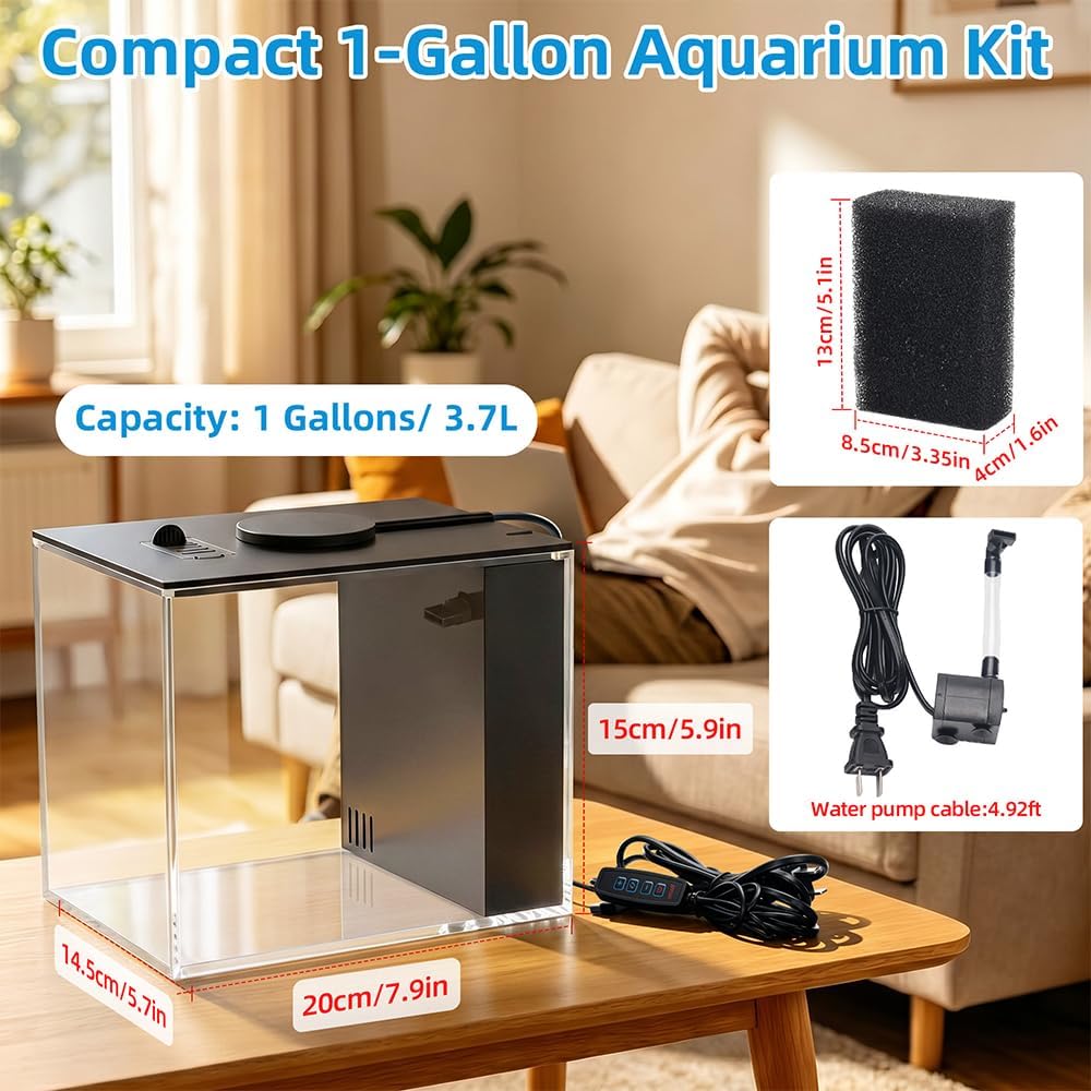 DaToo 1 Gallon Fish Tank Betta Fish Tank Small Nano Aquarium Starter
