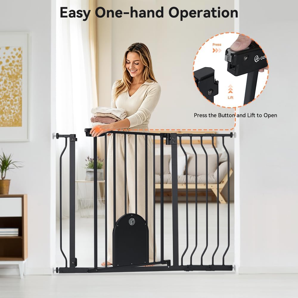 COMOMY 29.5-43.7" Pet Gate with Adjustable Cat Door for Stairs