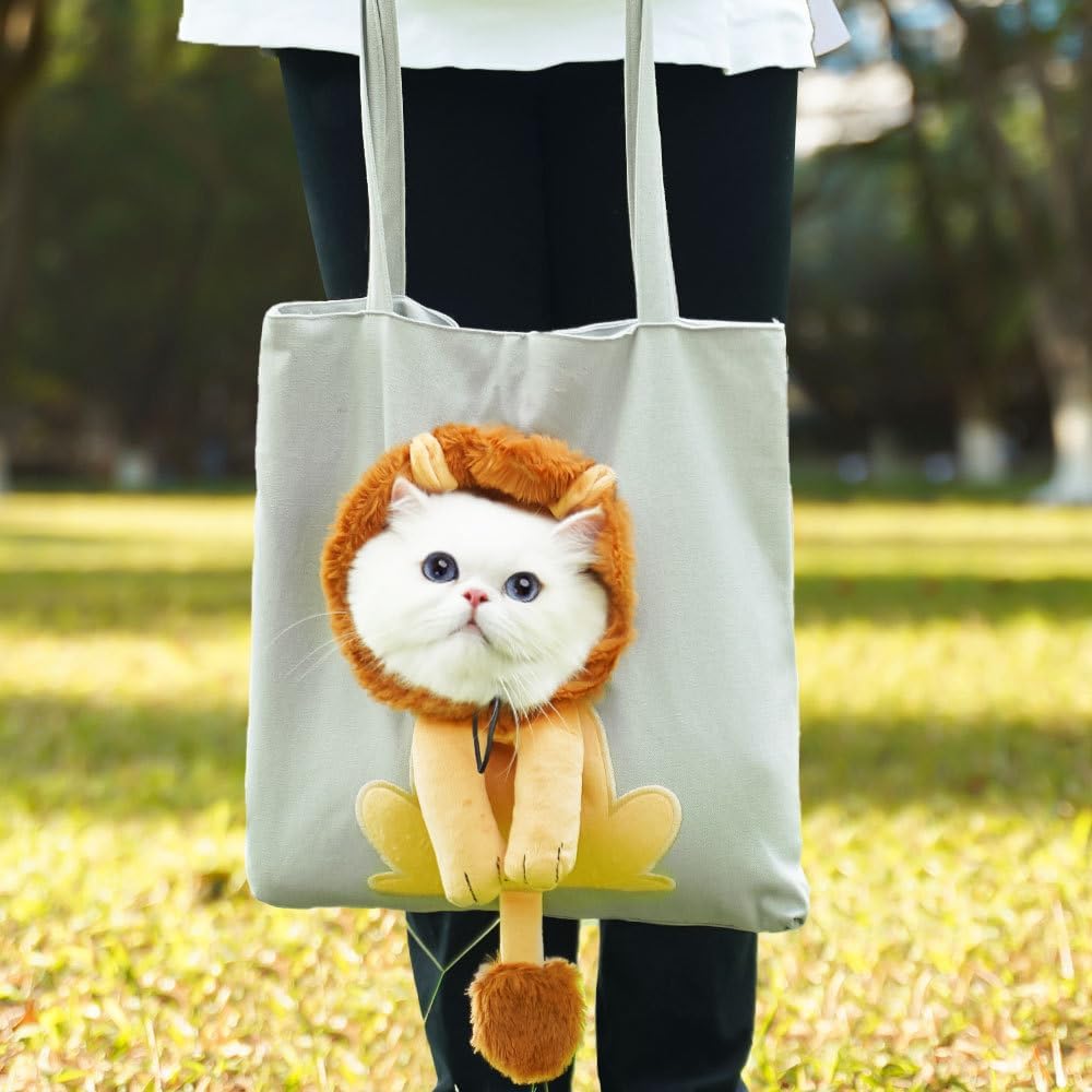 Lion-Shaped Pet Canvas Shoulder Bag Portable Cat Carrier Tote Bag