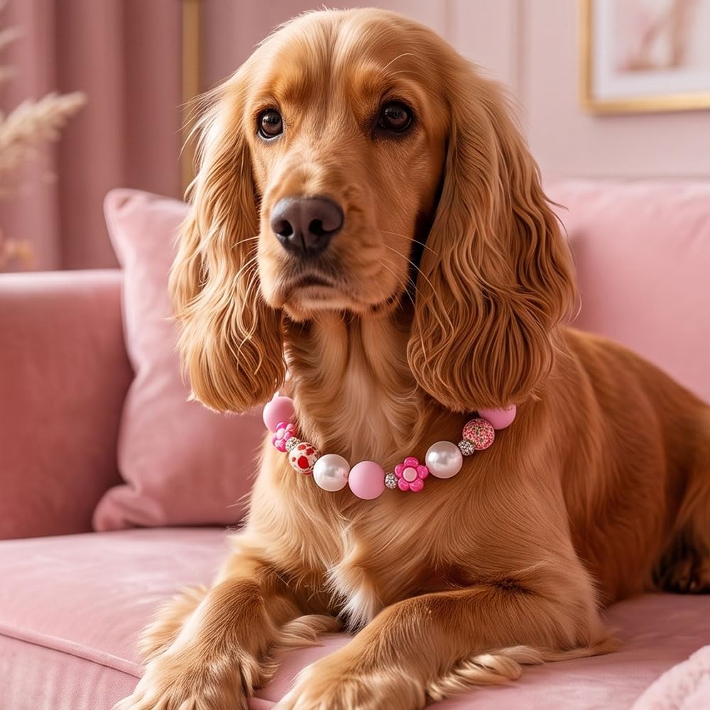 Pink Floral Beaded Collar Necklace for Dog Pet Costume Accessory