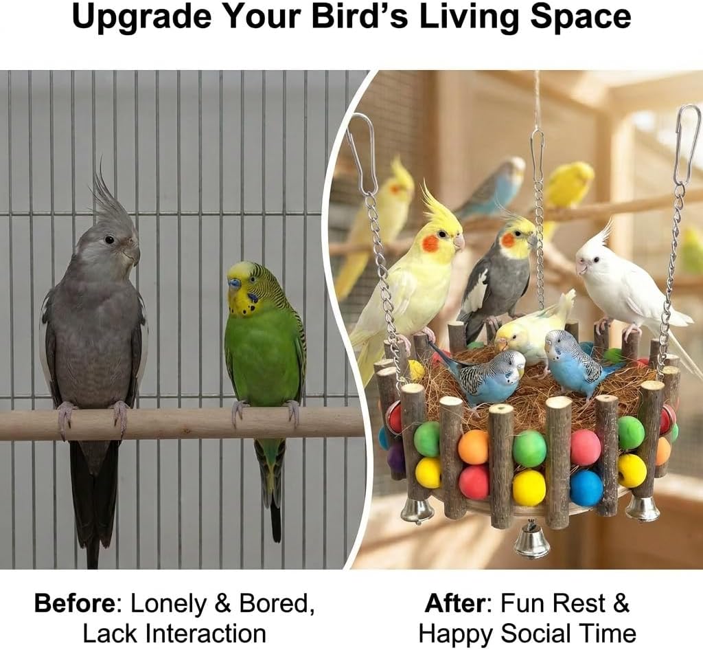 KraAra 3-in-1 Parrot Hammock Bird Nest Bed Swing Toys with Wood Perch