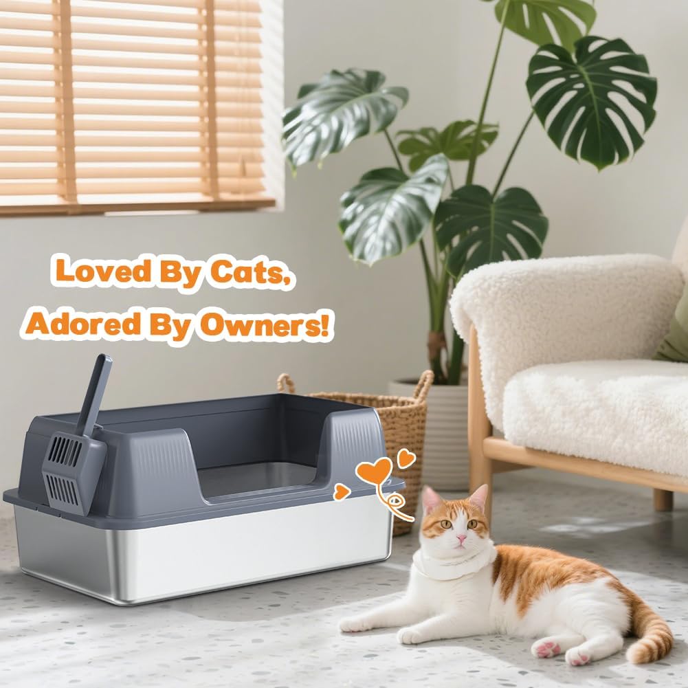 Vivifying XL Stainless Steel Cat Litter Box, High Sided Open Top, Gray