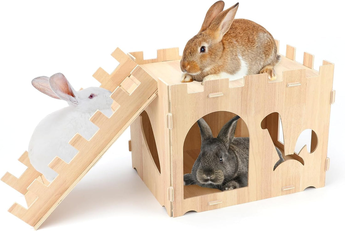 BWOGUE Large Wooden Bunny Hideout,Detachable Rabbit Castle for Small