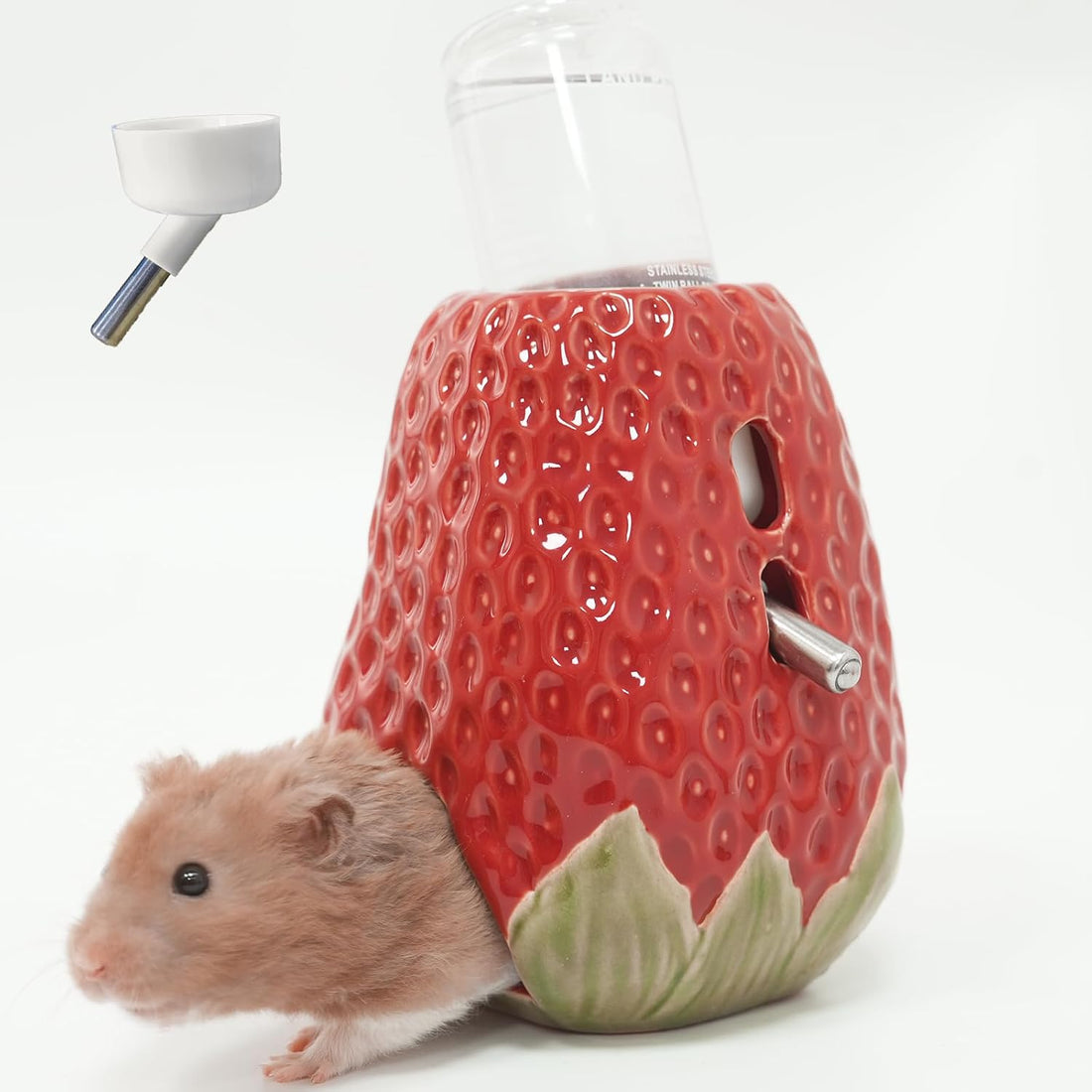 Adjustable No-Drip Pink Strawberry Ceramic Hamster Water Bottle
