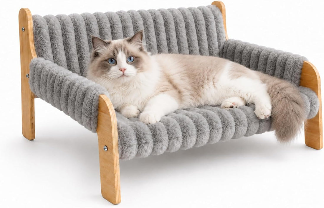 Jiupety Elevated Cat Couch for Indoor Cats Wooden Cat Sofa for Kitty