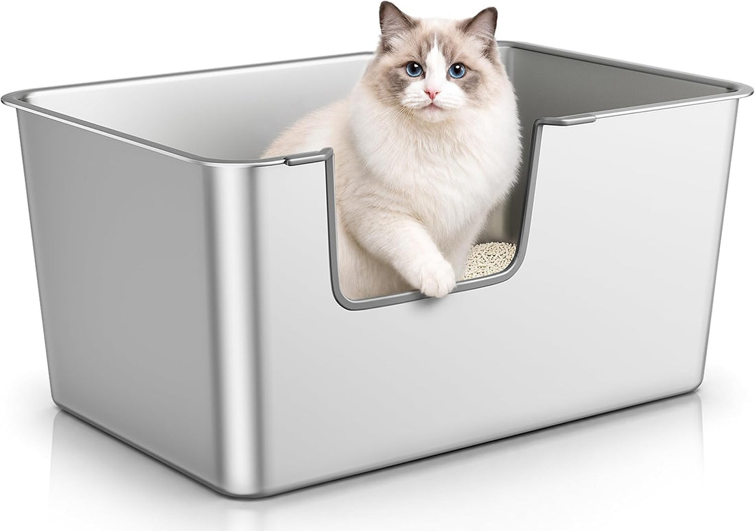 High-Sided Stainless Steel Cat Litter Box, Low Entry, Odor-Free