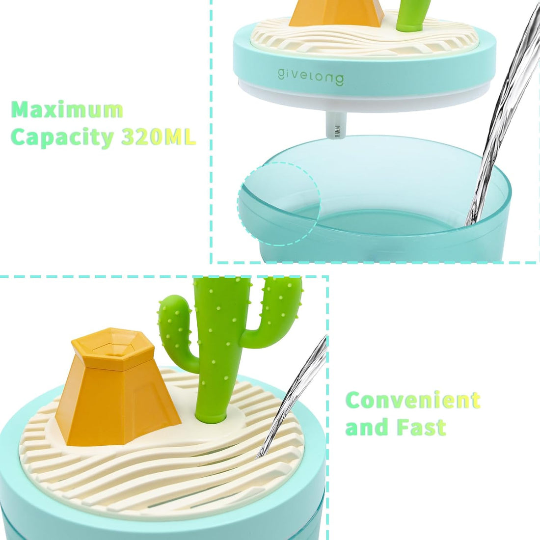 Reptile Fogger, 320ML USB Plastic Cartoon Cactus Humidifier