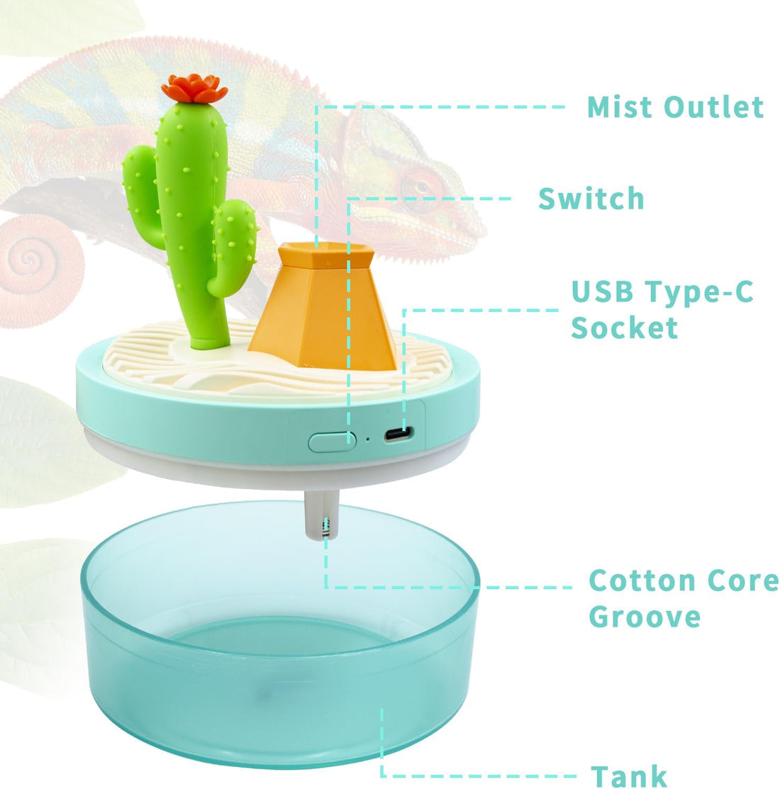 Reptile Fogger, 320ML USB Plastic Cartoon Cactus Humidifier