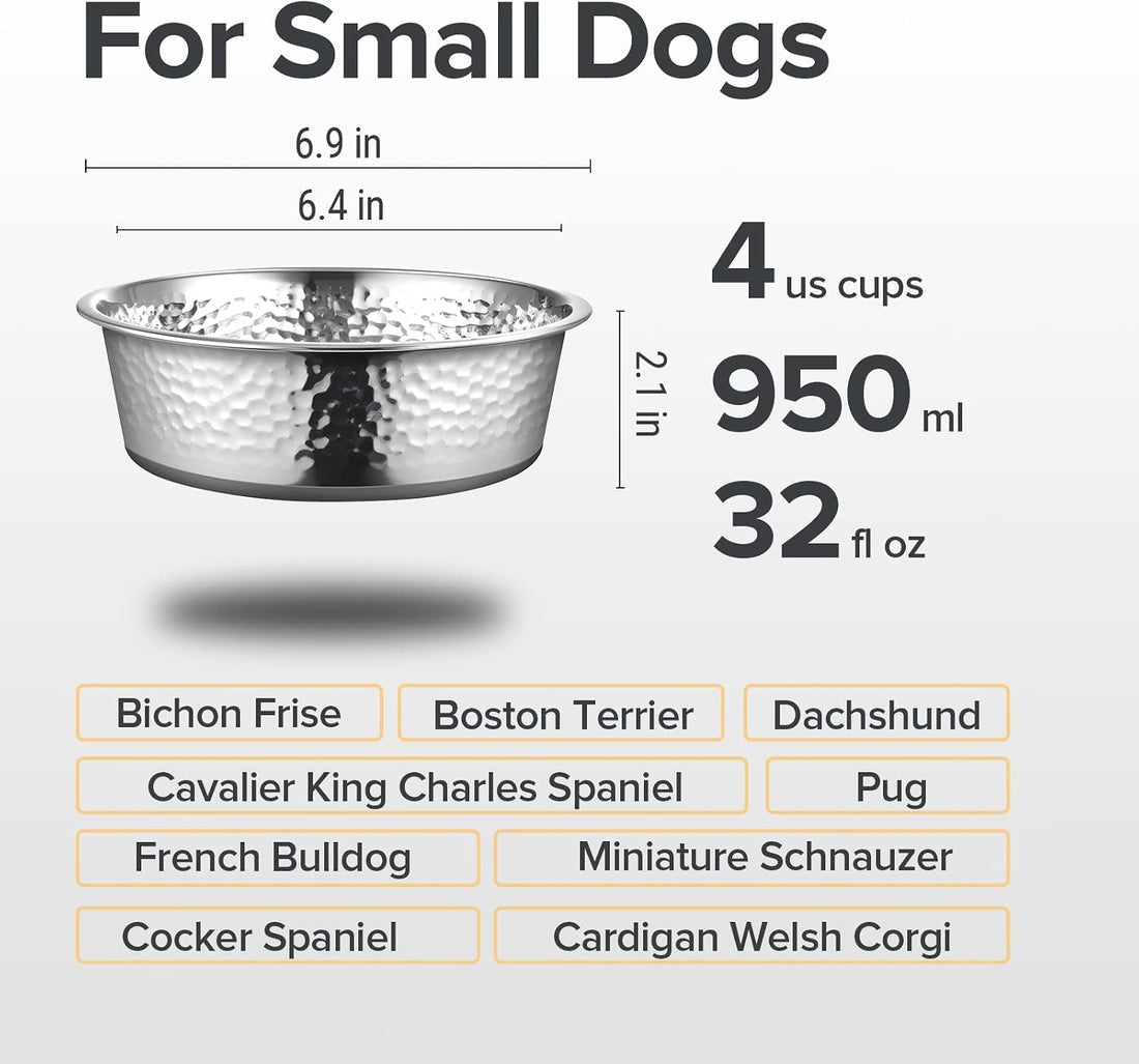 URBUDDIES Hammered Stainless Steel Pet Bowls, Two-Pack