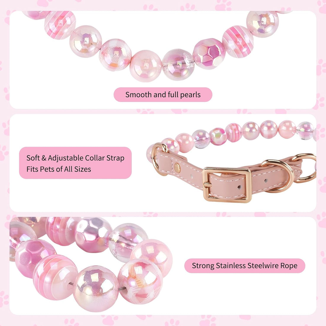 16mm Glitter Dog Beaded Necklace, Adjustable Leather Buckle (Pink, S)