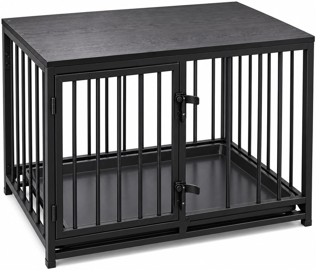 Dog Crate Furniture, 33.5" Metal Dog Kennel, Wood Tabletop