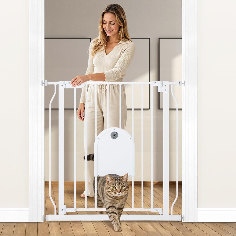 COMOMY 29.5-43.7" Pet Gate with Adjustable Cat Door for Stairs