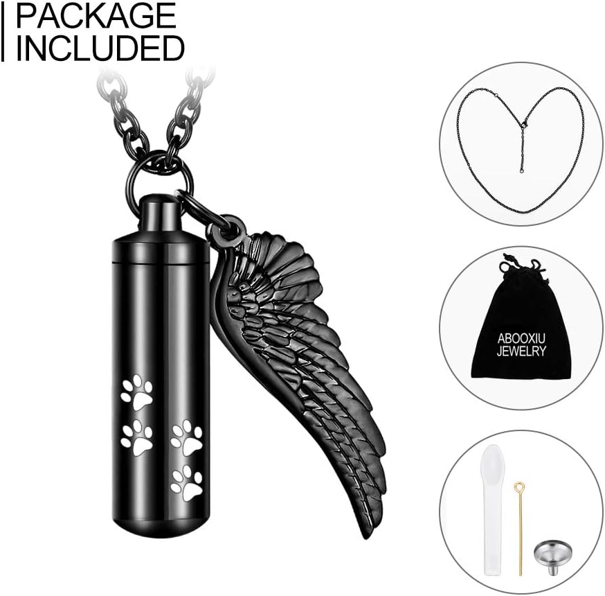 abooxiu Cylinder Cremation Necklace for Pet Ashes With Angel Wing Paw