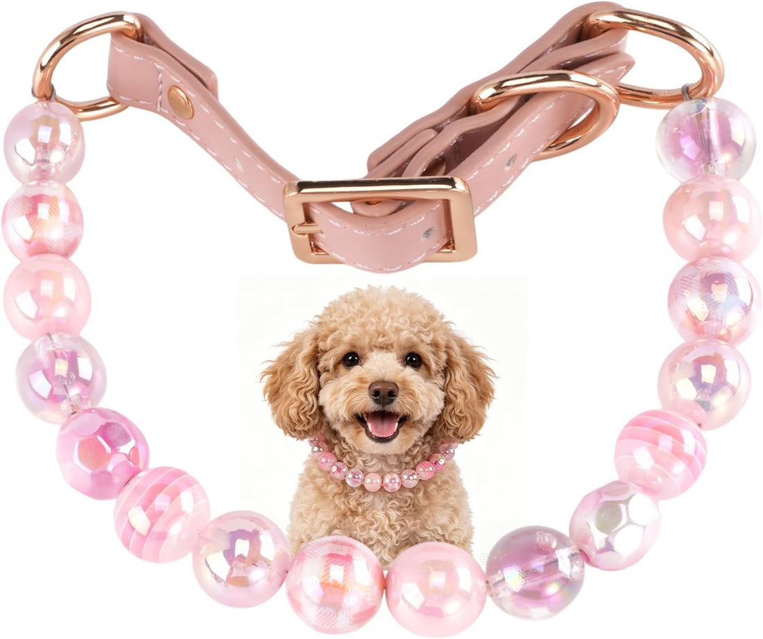 16mm Glitter Dog Beaded Necklace, Adjustable Leather Buckle (Pink, S)