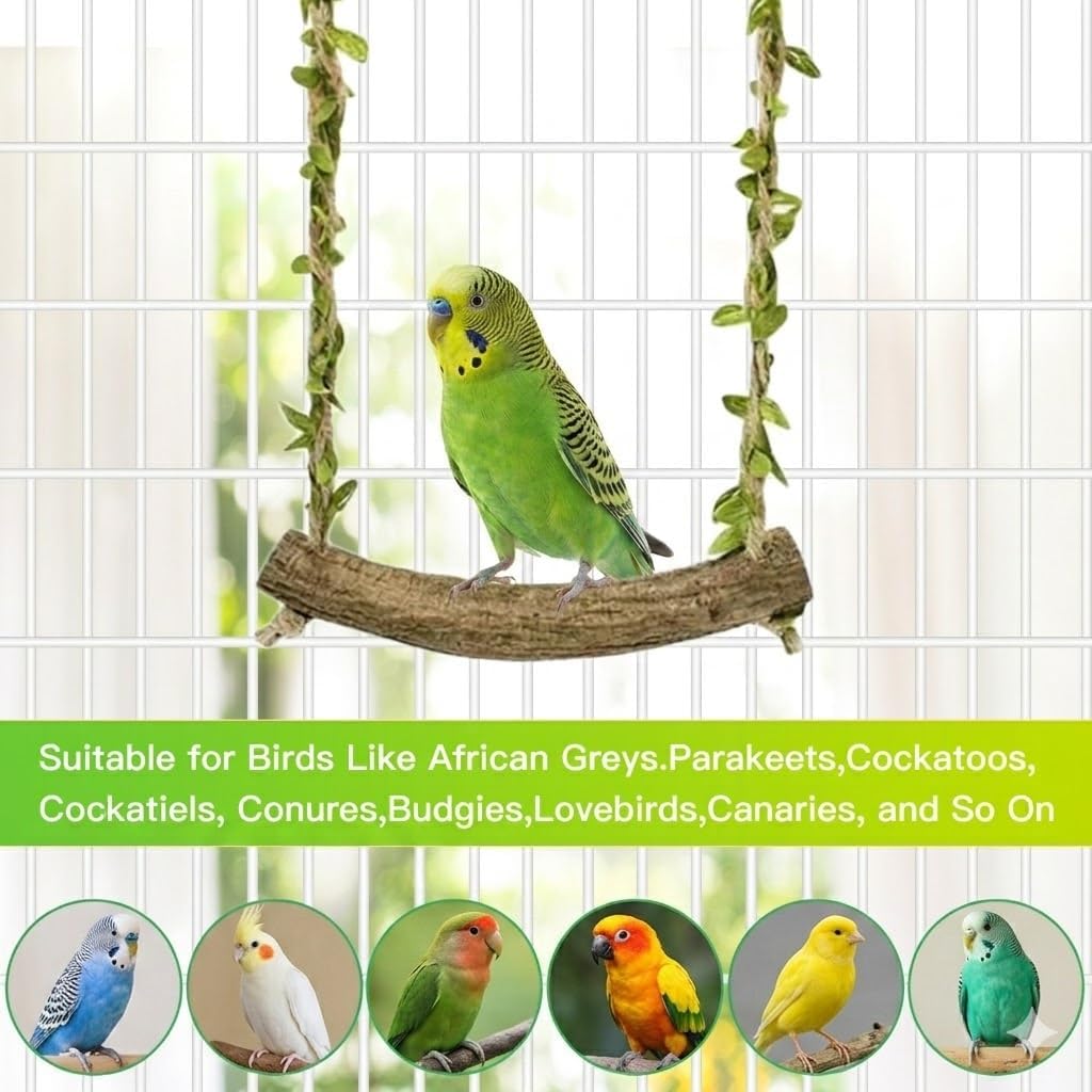 Hiwzitar Natural Wood Bird Swing Perch with Decorative Leaves