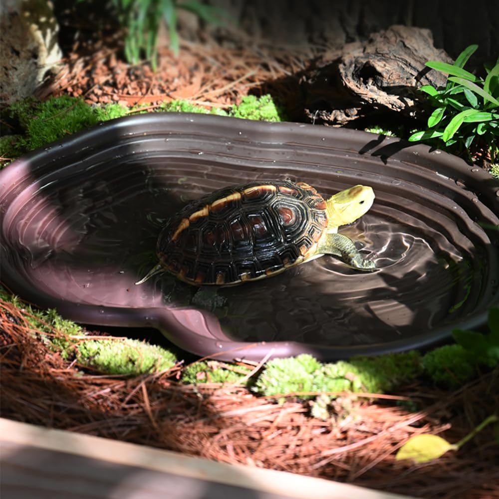 Extra Large Reptile Bathing Pool Reptile Feeding Dish Water Bowl with Ramp Aquarium Ornament for Gecko, Snake, Turtle, Bearded Dragon, Lizard Bath(Black)