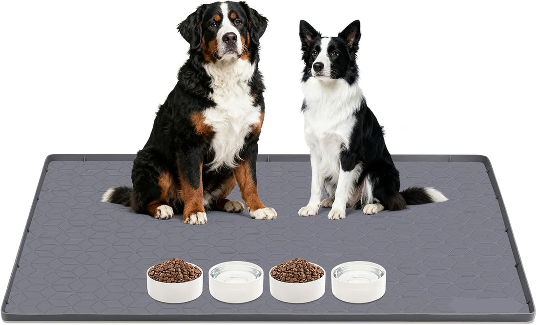 Dog Food Mat 50" x 35" Large Silicone Mat with Raised Edge Gray