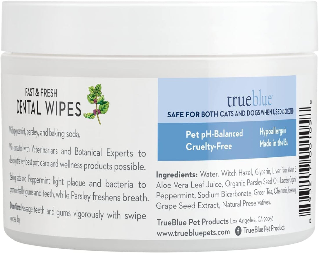 TrueBlue Dog Dental Wipes, Pre-Moistened Pads, Peppermint & Parsley