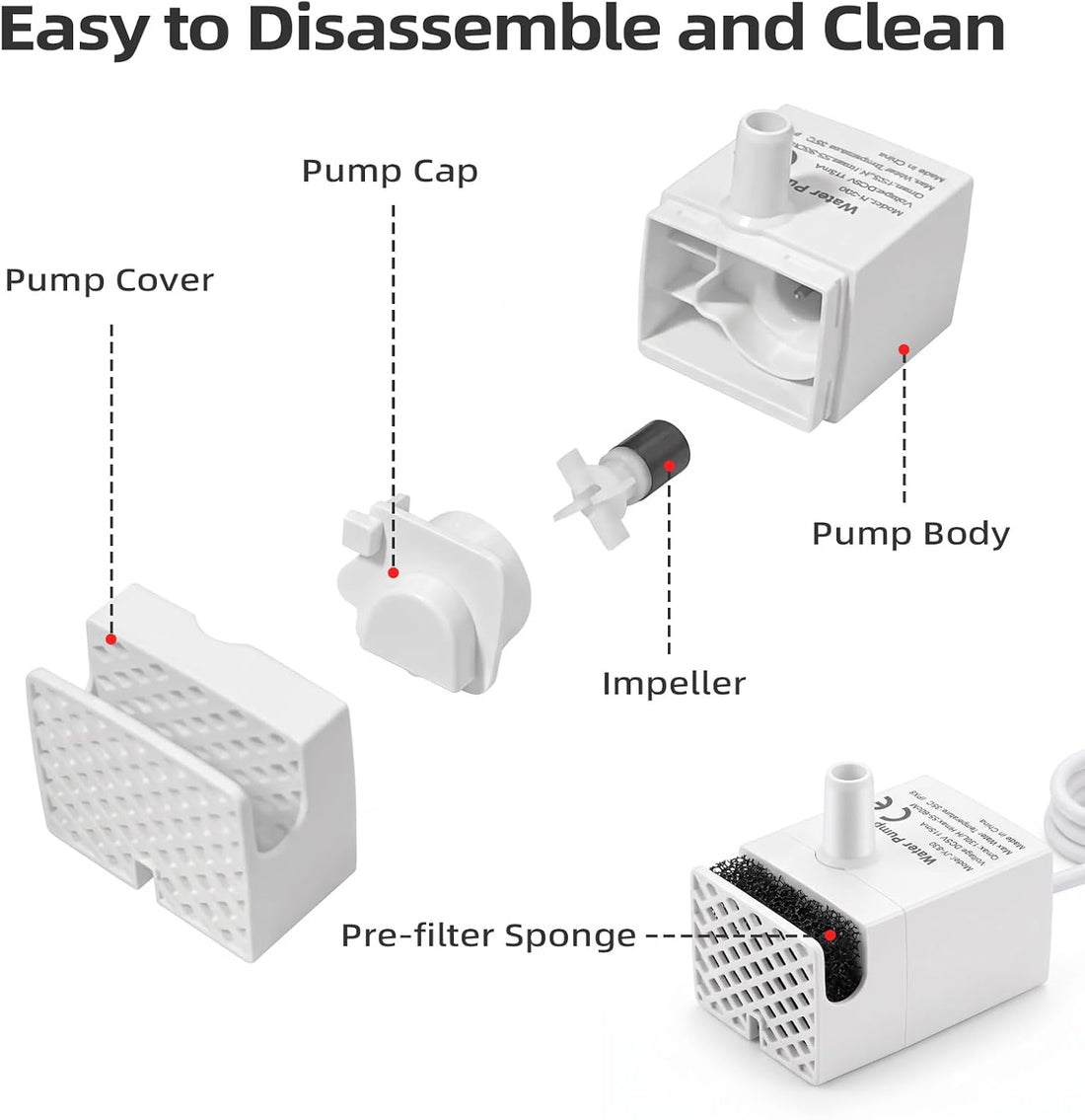 Cat Water Fountain Pump, JY-830 Replacement Pump With Light, Sponge