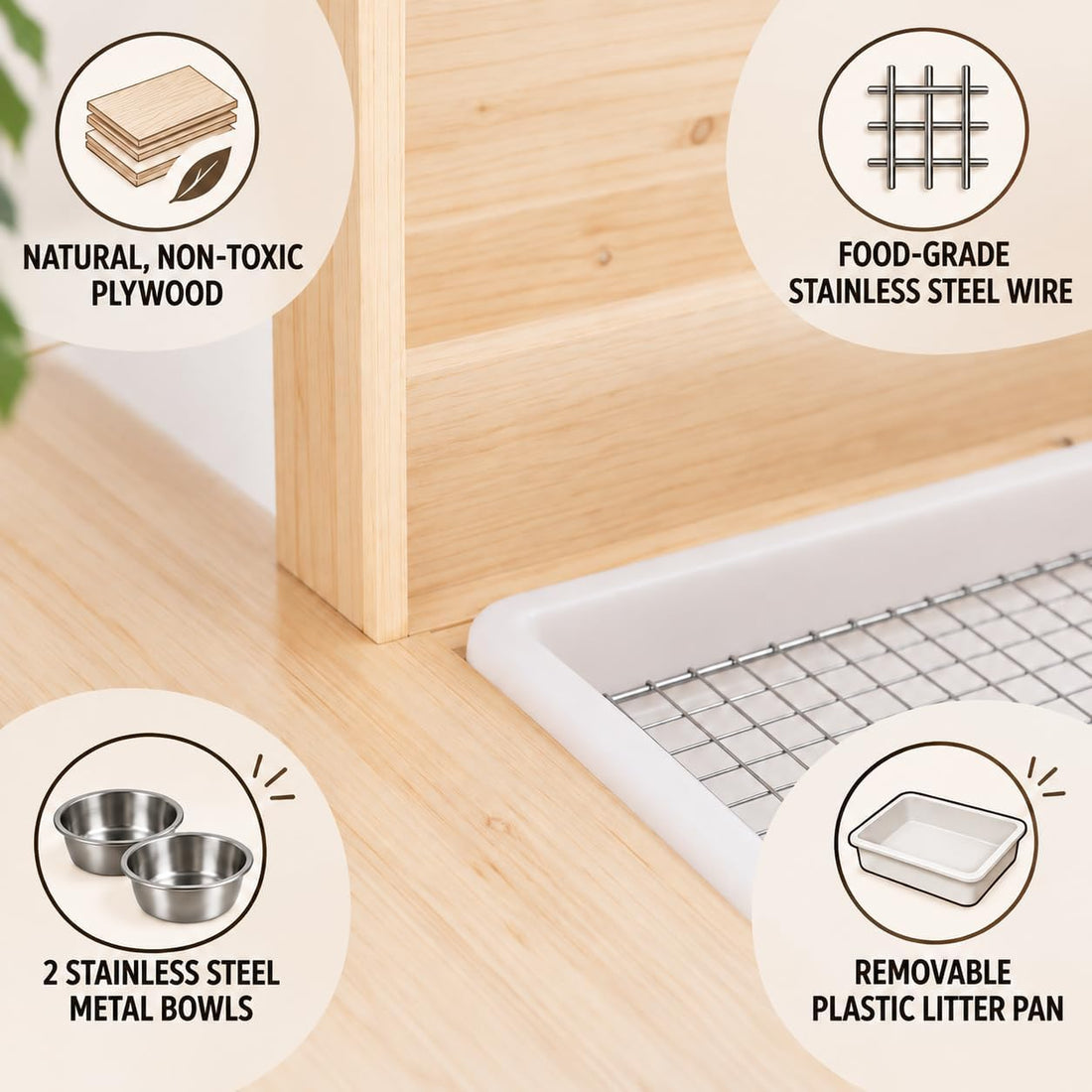 XL Wooden Rabbit Litter Box with Hay Feeder & Dual Stainless Steel