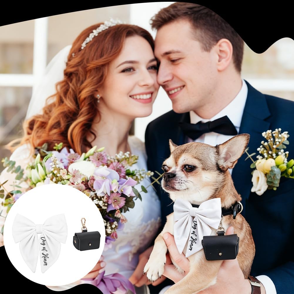 Dog Ring Bearer Collar Pouch with Detachable Bow Tie Rectangle PU