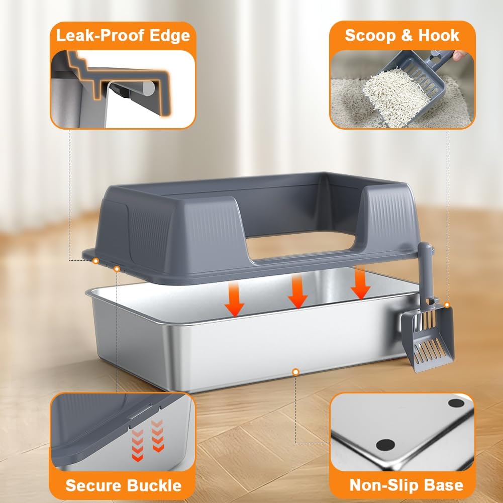 Vivifying XL Stainless Steel Cat Litter Box, High Sided Open Top, Gray