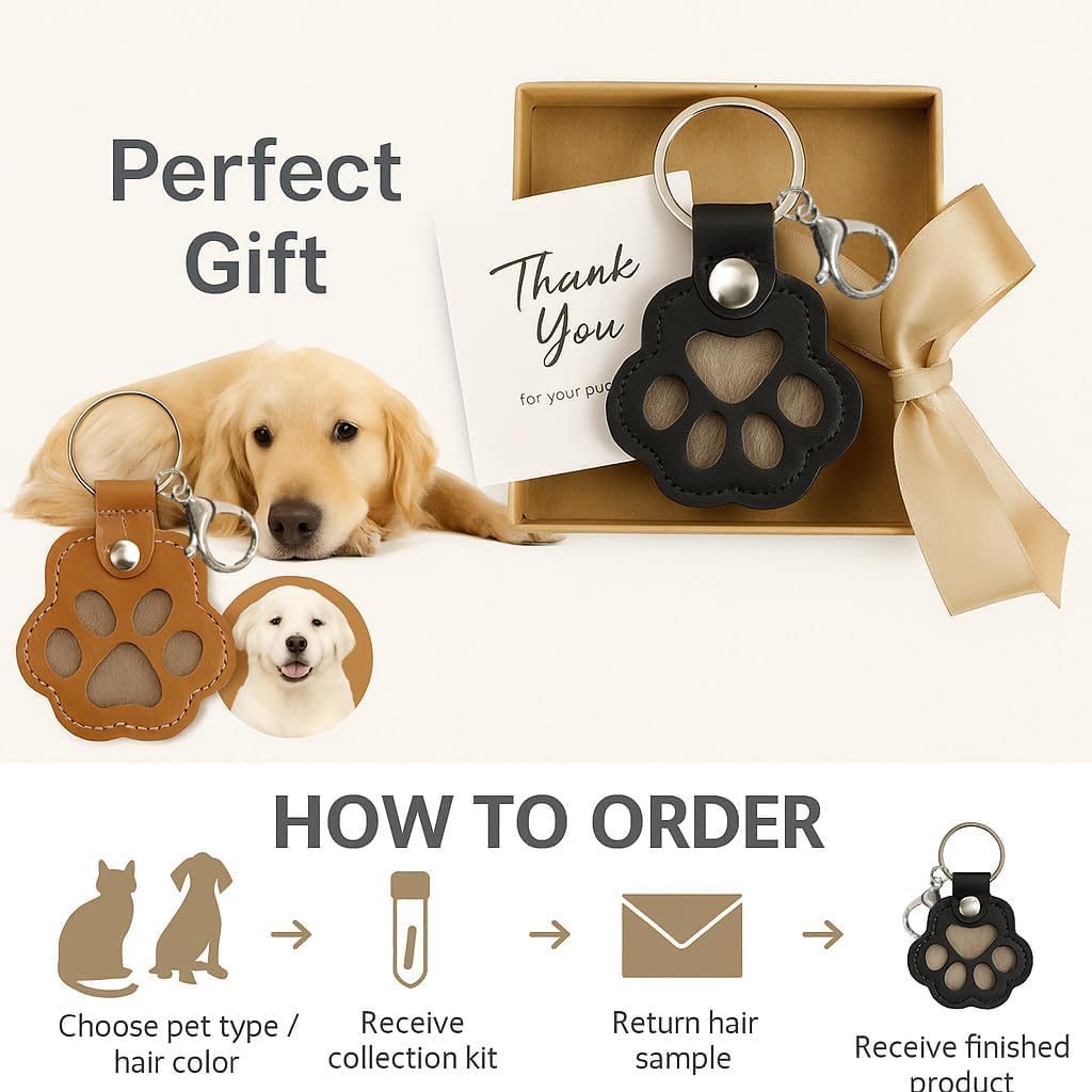 Leather Pet Fur Keepsake Keychain, 3 Pcs Black White Brown