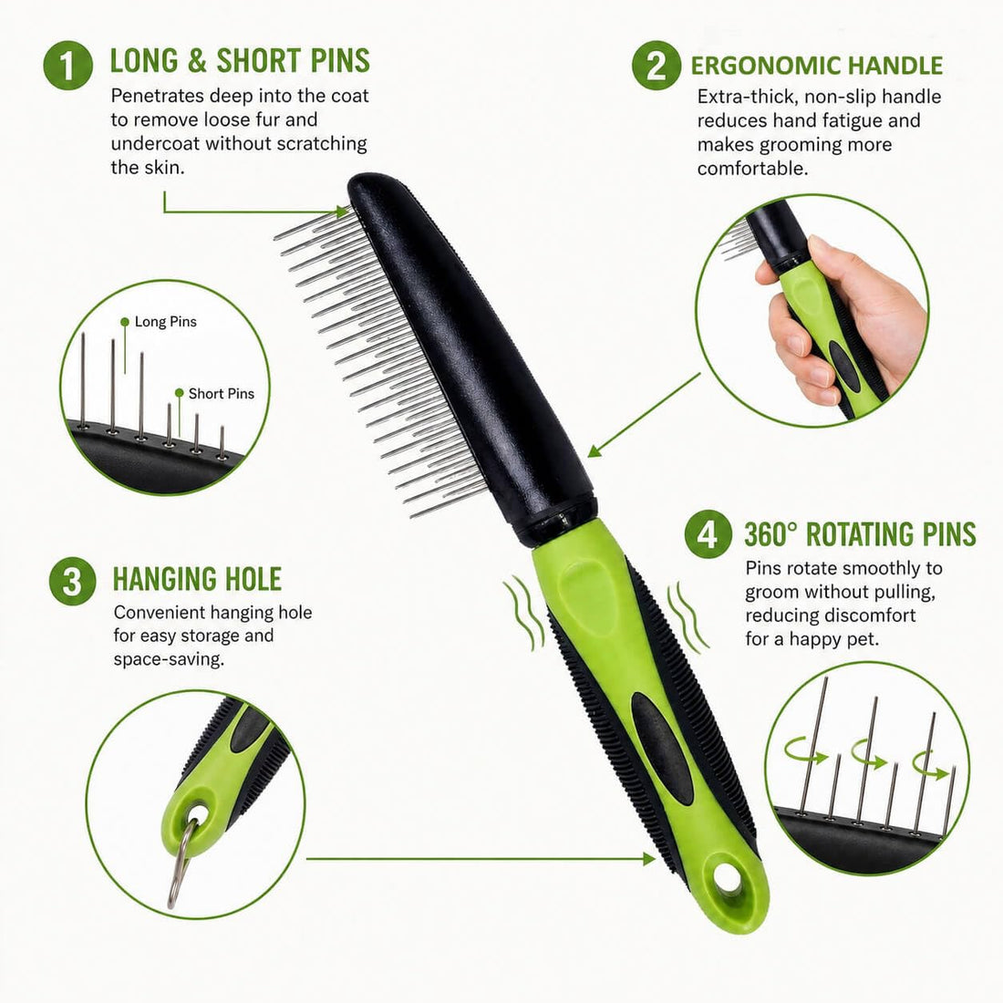 Dog Comb for Shedding & Dematting, Rotating Pins, Undercoat