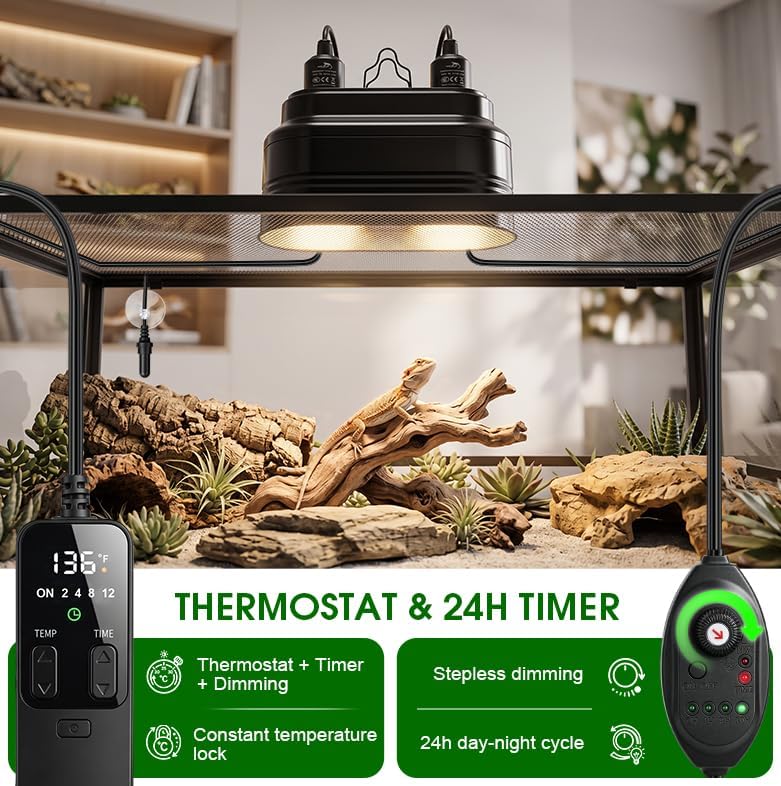 Dual Reptile Light Fixture,Reptile Heat Lamp with Thermostat & Timer