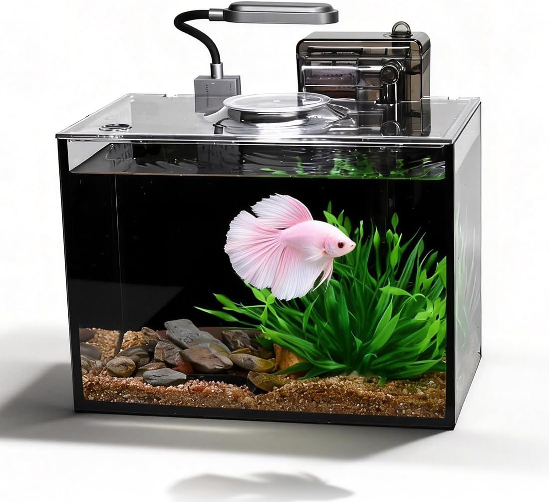 1.8 Gallon Fish Tank with Light,Filter,Lid,Landscape Accessories
