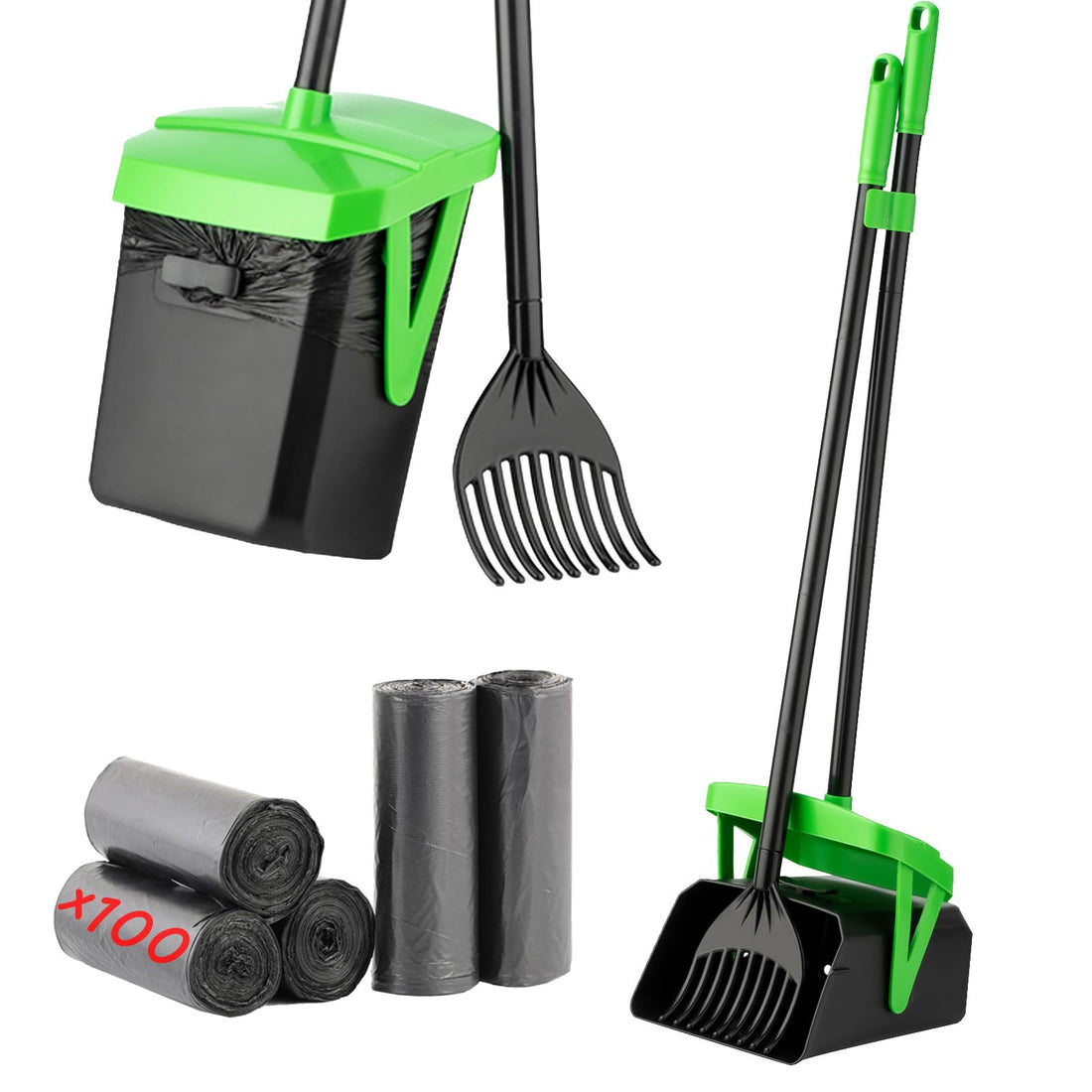 FUSBUNTY Pooper Scooper Swivel Bin & Rake with 100 Waste Bags