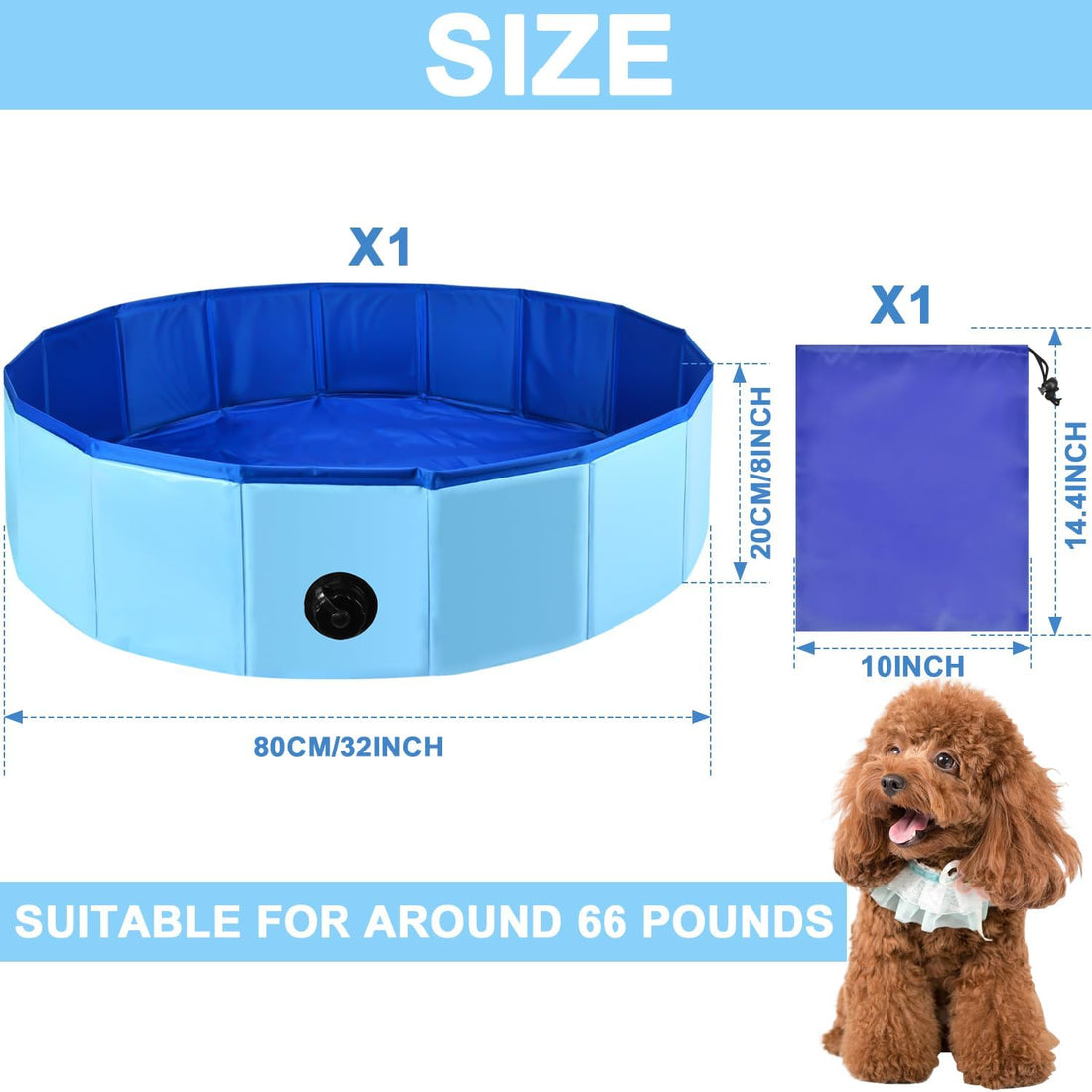 32 x 8 Inch Foldable Dog Pool with Storage Bag, PVC Pet Bath Tub