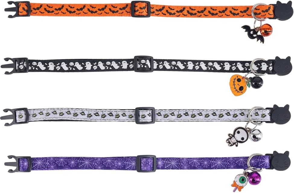 4 Pack Halloween Cat Collar with Bell Breakaway Adjustable for Kitty