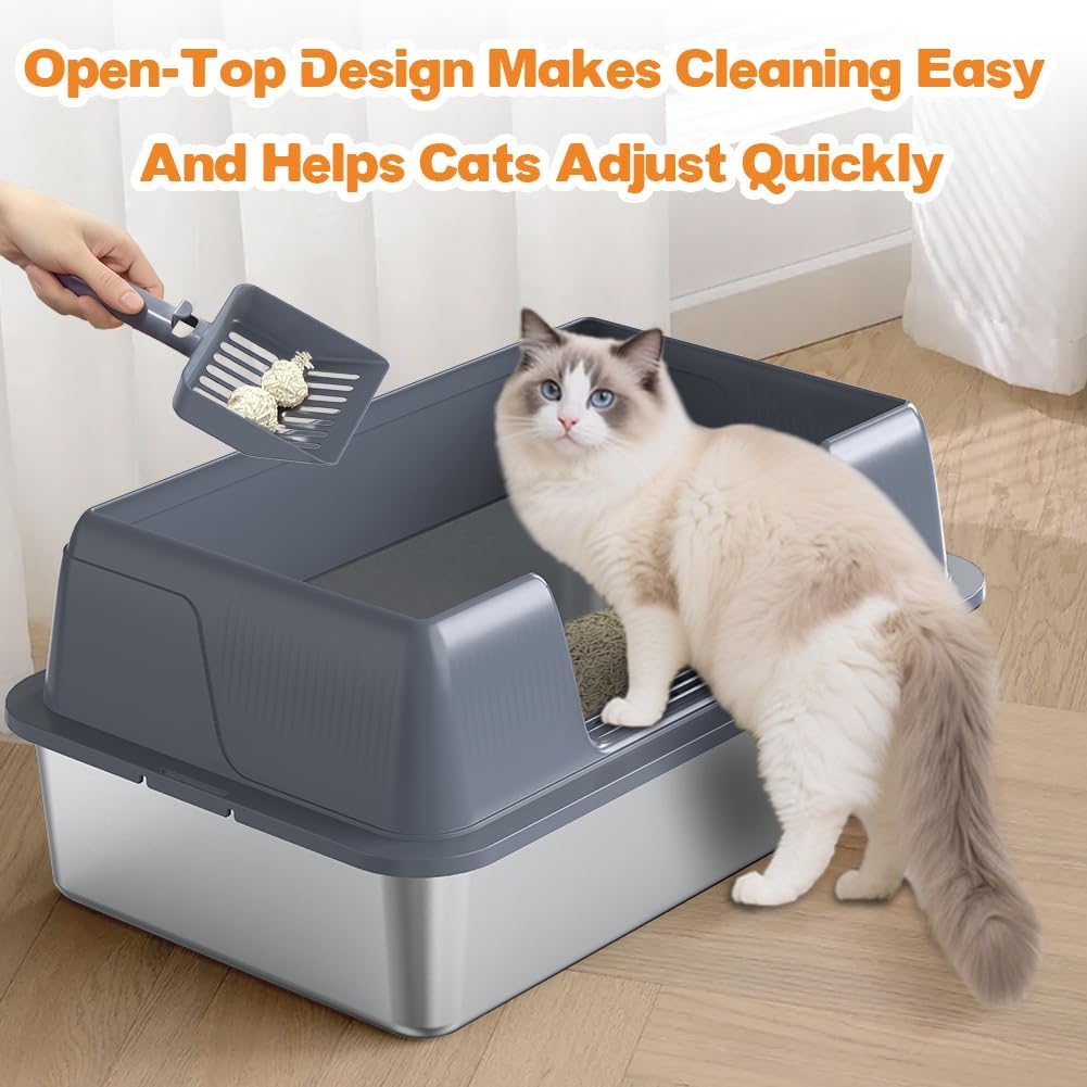 Vivifying XL Stainless Steel Cat Litter Box, High Sided Open Top, Gray