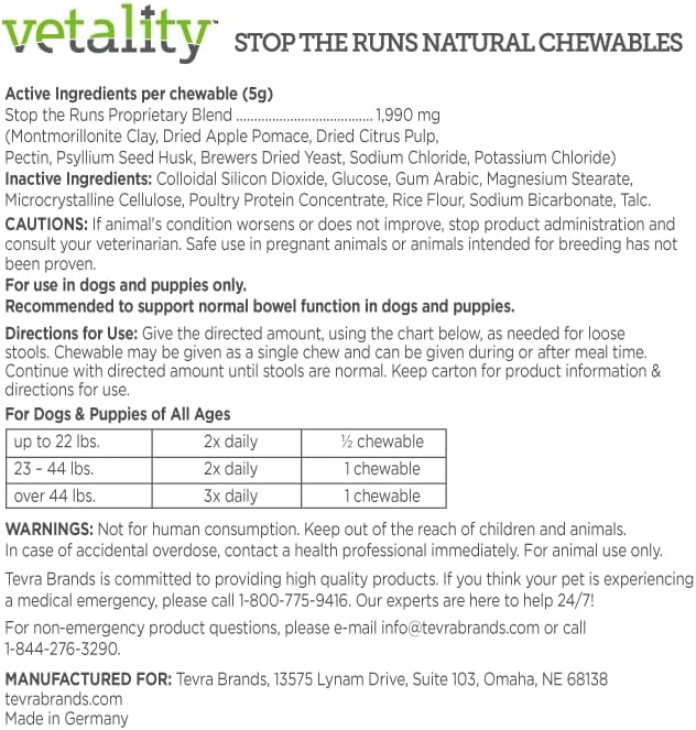 Vetality Stop The Runs | Dog Anti Diarrhea Medicine | 6 Count Chewable