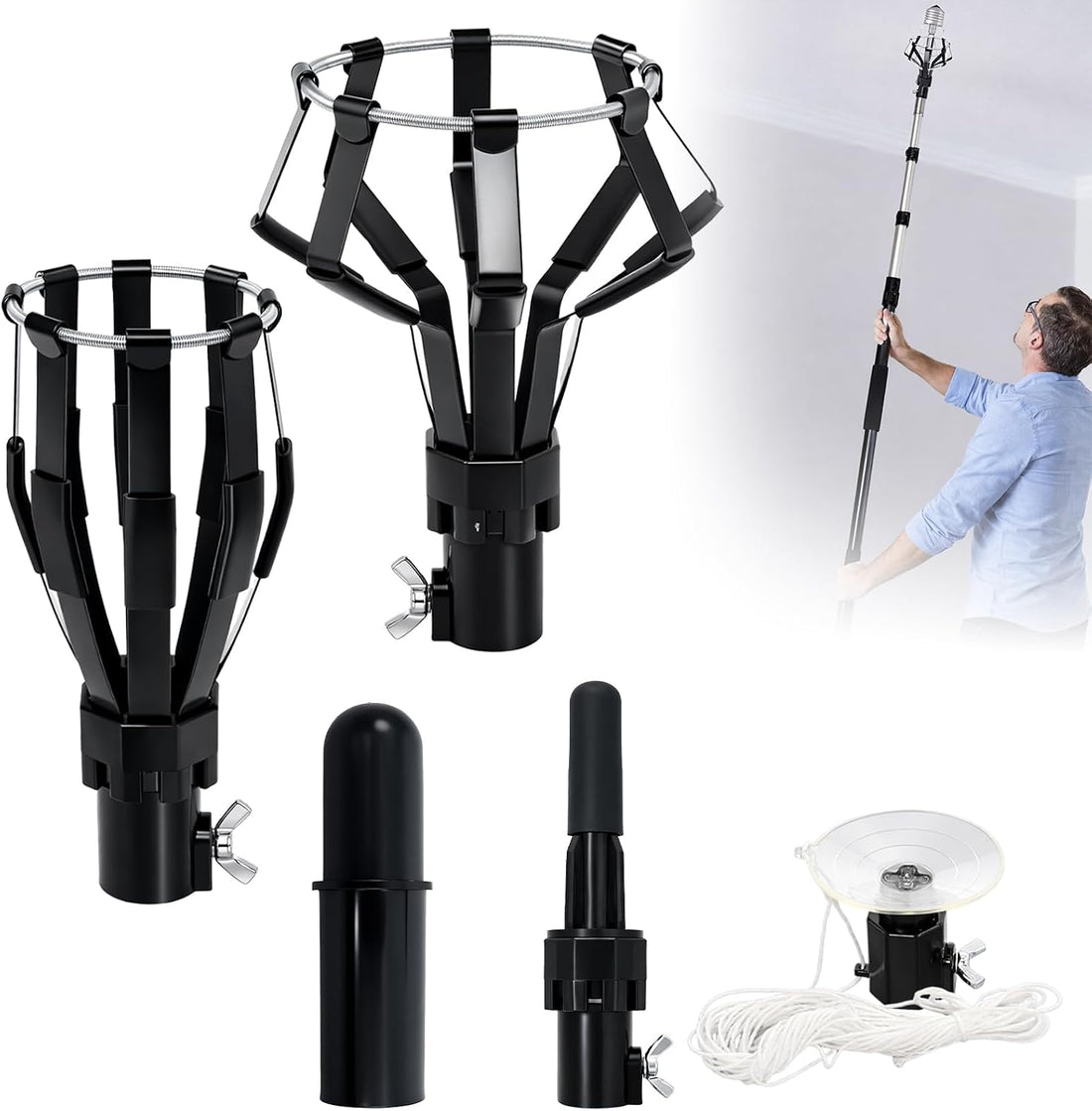 Light Bulb Changer Set with Suction Cup & Cage Changer, Black (4 Pcs)