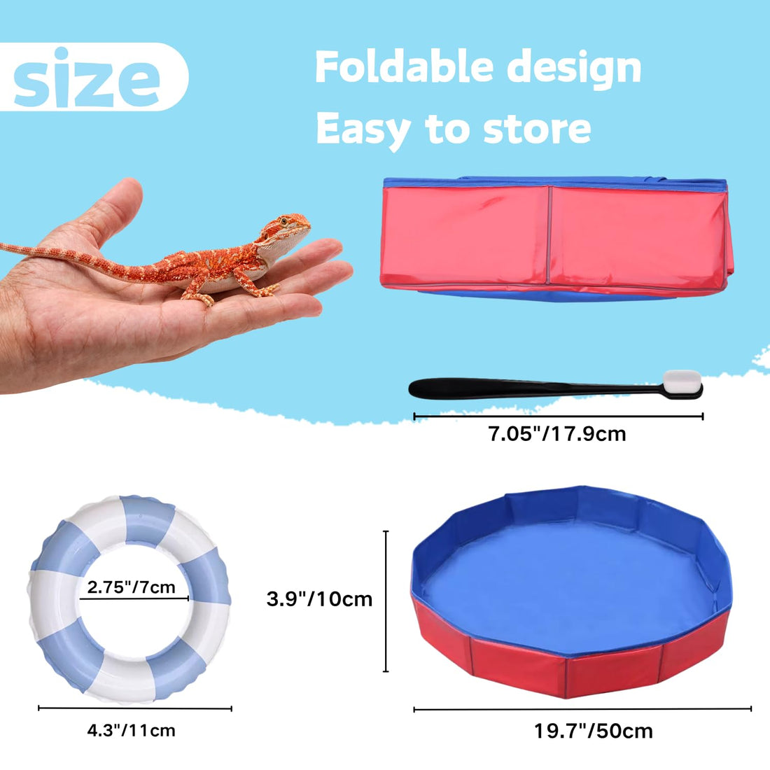 Foldable Bearded Dragon Bathtub with 2Pcs Reptile Mini Swimming Rings