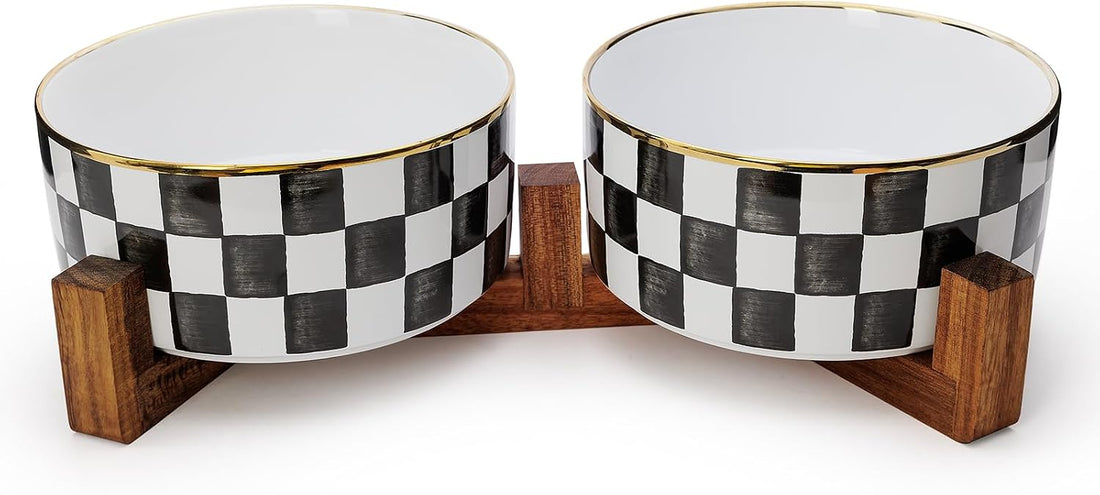 Ceramic Checkered Dog Bowls for Medium Dogs