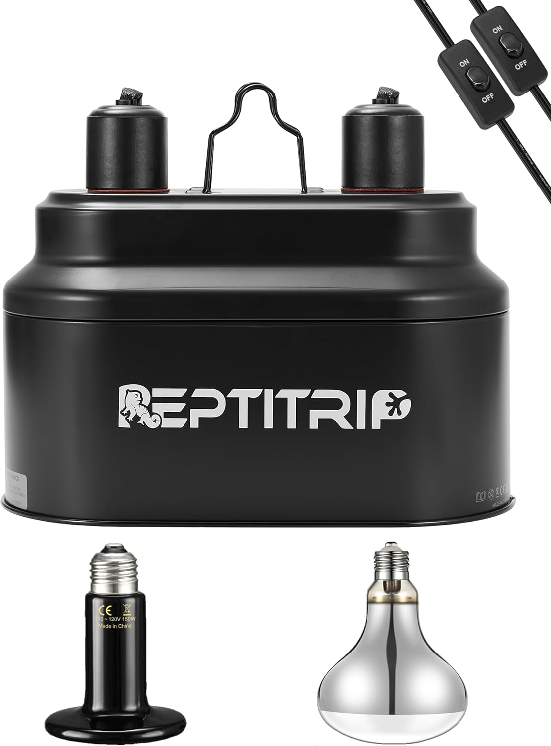 REPTITRIP Dual Reptile Light Fixture with 100W Daytime Heat Bulb & 100W Nighttime Ceramic Heat Emitter, 2 Independent Switches, Reptile Heat Lamp Combo Pack - No UVB